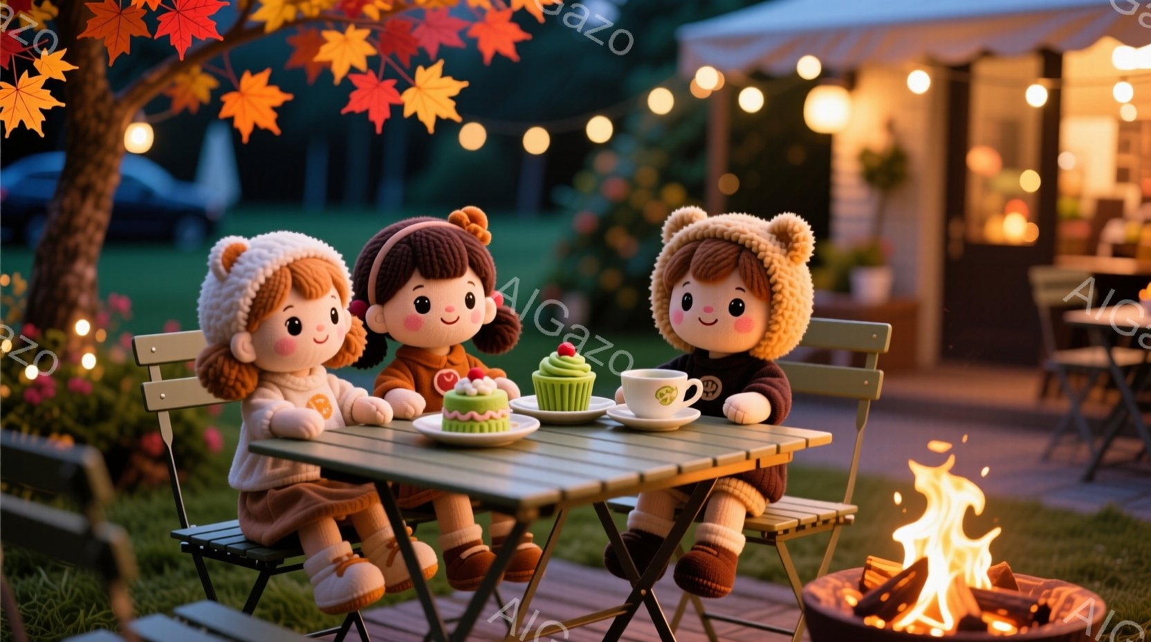 かわいい人形たちが屋外のテーブルを囲んでお茶を楽しんでいます。人形たちは皆、クマの耳がついた帽子をかぶり、赤いワンピースを着ており、穏やかな笑顔を見せています。背景には、暖炉の炎、提灯が飾られた木々、そしてぼんやりと見える建物があり、秋の夕暮れのような温かく幻想的な雰囲気を醸し出しています。