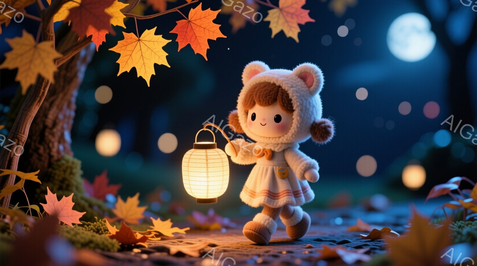 温かい光を放つ提灯を持った少女が、落ち葉が散らばる道を歩いている。彼女はクリーム色のフード付きコートとスカートを身に着け、巻き毛の髪型で、明るい笑顔を浮かべている。背景には暗い森と満月が映り、全体的に幻想的で穏やかな雰囲気が漂っている。