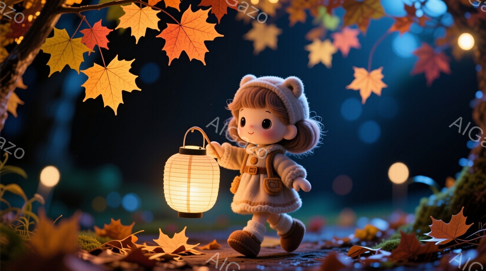 可愛らしい少女が、暖かい光を放つ提灯を手に、秋の夜道を歩いている。彼女はクリーム色の帽子とコートを着ており、茶色の巻き毛が特徴的だ。背景には、鮮やかな紅葉とぼんやりとした光の粒子があり、幻想的な秋の夜の雰囲気を醸し出している。