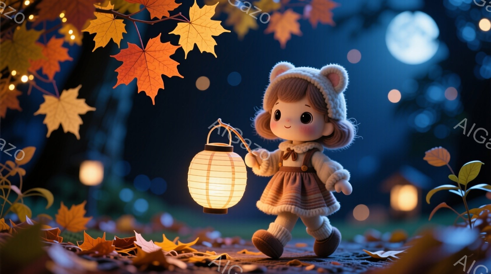 可愛らしい少女が、提灯を手に森の中を歩いている様子が描かれています。少女は、茶色いワンピースにクリーム色のコート、そして耳の付いた帽子を身に着け、明るい笑顔を浮かべています。背景には落ち葉が散りばめられ、ぼんやりとした月の光が差し込み、温かく幻想的な雰囲気を醸し出しています。