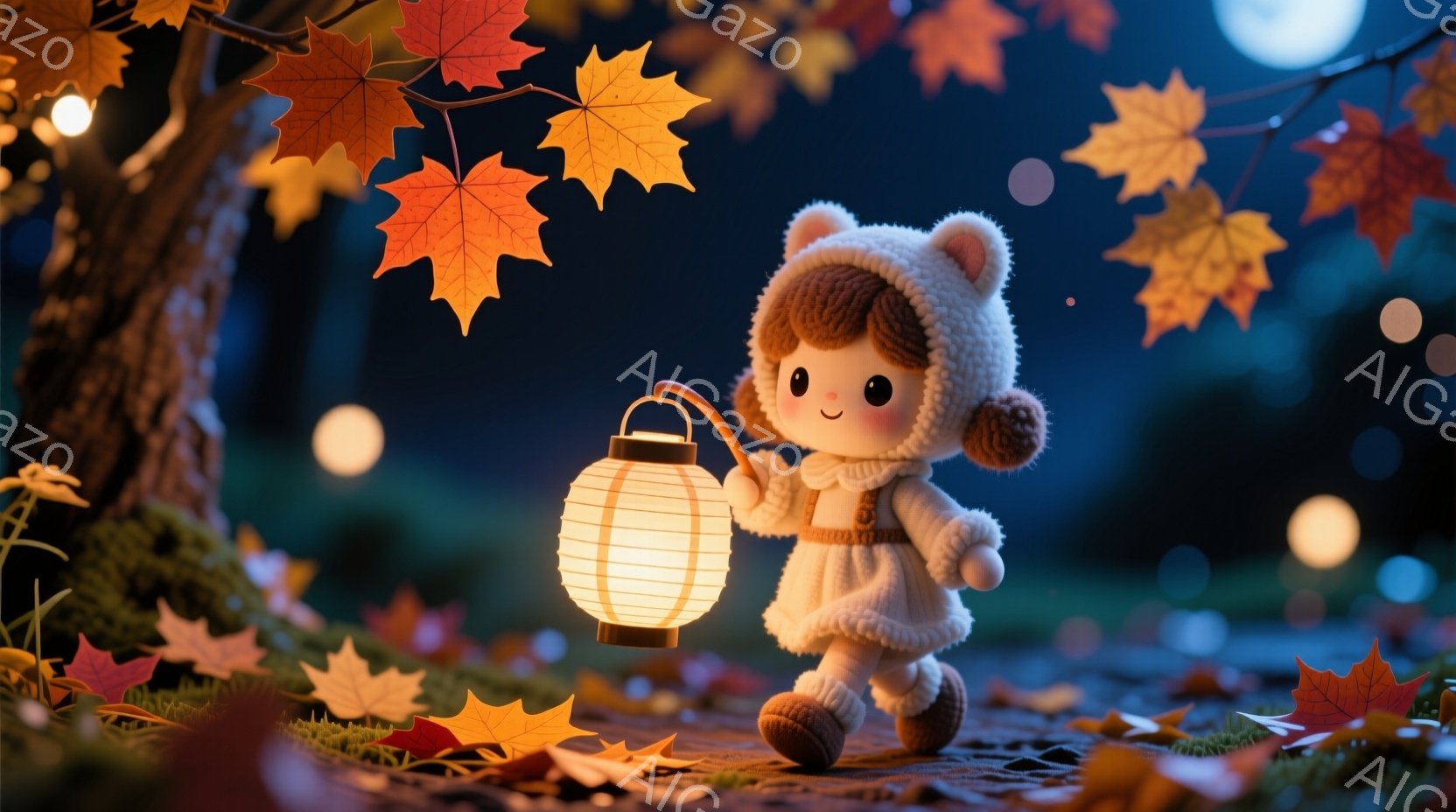明るい色の暖かい服を着た幼い女の子が、片手に提灯を持って歩いています。彼女は茶色のカールした髪を垂らし、大きな瞳で穏やかな表情を浮かべています。背景には紅葉した葉が舞い散り、ぼんやりとした光が差し込む夜の自然が広がっています。