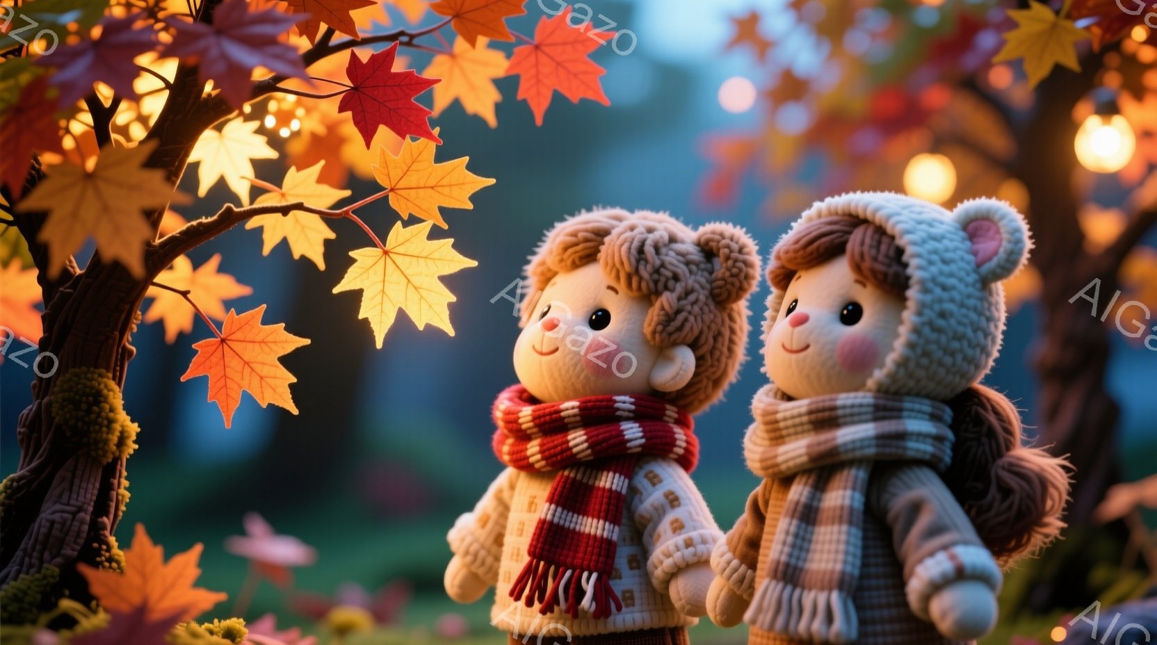温かい色合いの秋の風景の中に、可愛らしい人形の男女が寄り添って立っています。男の子は赤い縞模様のマフラーと茶色のセーターを着ており、女の子はチェック柄のマフラーと茶色のコートを着ています。背景には紅葉した木々とぼやけた光が広がり、全体的に温かく、優しい雰囲気を醸し出しています。