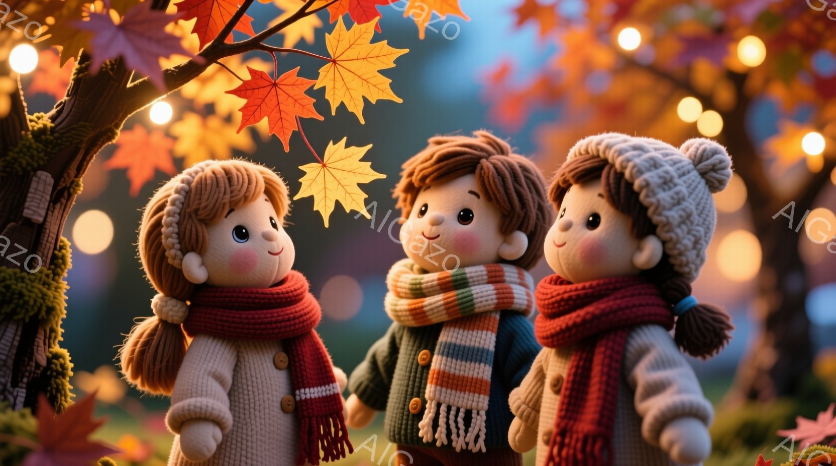 三人の人形が並んで立っており、それぞれニットのセーターとスカーフを巻いています。中央の人形は赤い髪で、両サイドの人形は茶色い髪で、それぞれ異なるヘアスタイルをしています。背景には木々や落ち葉、そしてぼんやりとした光が灯っており、暖かく穏やかな秋の雰囲気が漂っています。