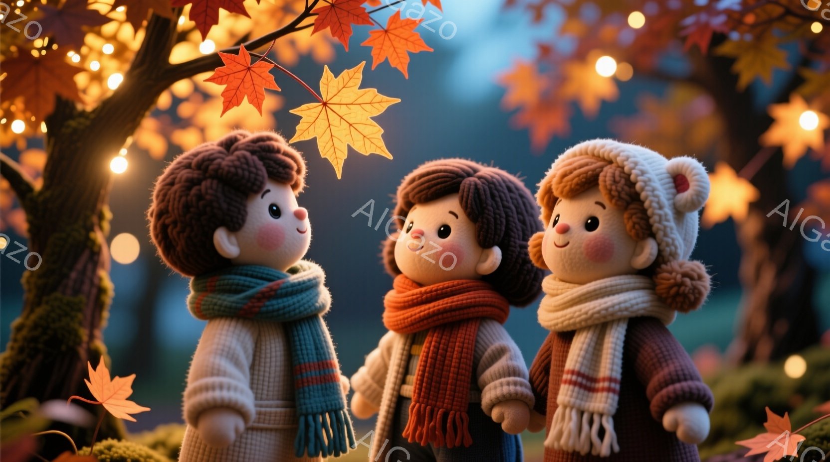 可愛らしいニットで作られた三人の子供たちが並んでいます。それぞれ異なる色のマフラーを巻き、温かい表情で微笑んでいます。背景には、紅葉した葉が舞い散る木々と、ぼんやりと光るイルミネーションがあり、秋の暖かく幻想的な雰囲気を醸し出しています。