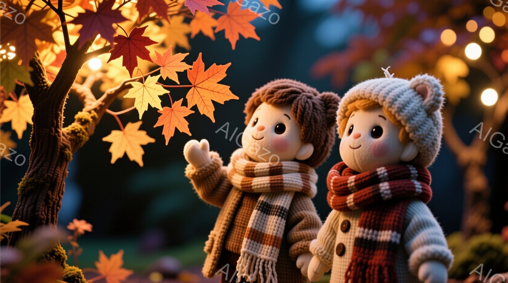 ふたりの可愛らしい人形が並んで立っており、それぞれ茶色と金色の巻き毛で、赤い縞模様のニット帽をかぶっています。人形たちは、暖かそうなクリーム色のセーターとオレンジ色のマフラーを身に着け、秋の紅葉した木を見上げながら、片手を伸ばして葉っぱを指しています。背景には、ぼやけた植物と暖かい光のストリングライトが散りばめられており、全体的に温かく、穏やかな秋の雰囲気を醸し出しています。