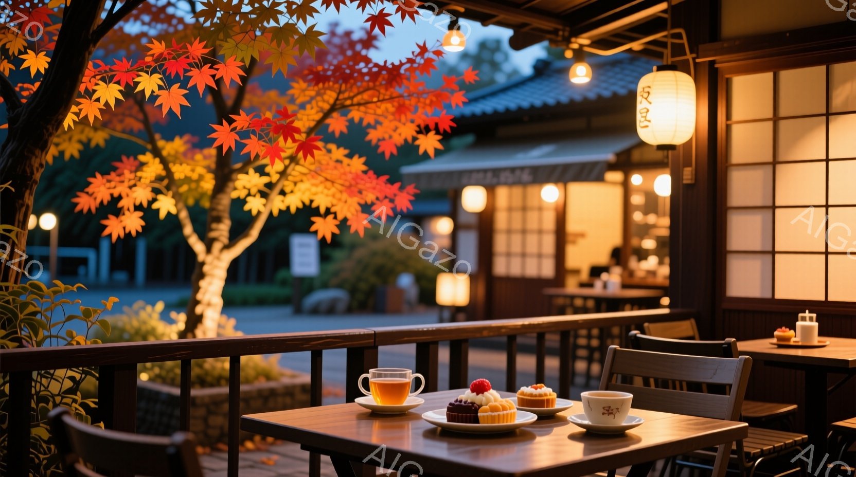 庭園の木々の葉が赤く色づき、和風のカフェテラスが夕暮れ時の穏やかな光に包まれています。テーブルの上には、温かいお茶、ケーキ、そして可愛らしい焼き菓子が並べられ、リラックスした時間を過ごすための準備が整っています。背景には提灯が灯り、静かで落ち着いた雰囲気が漂い、秋の訪れを感じさせます。