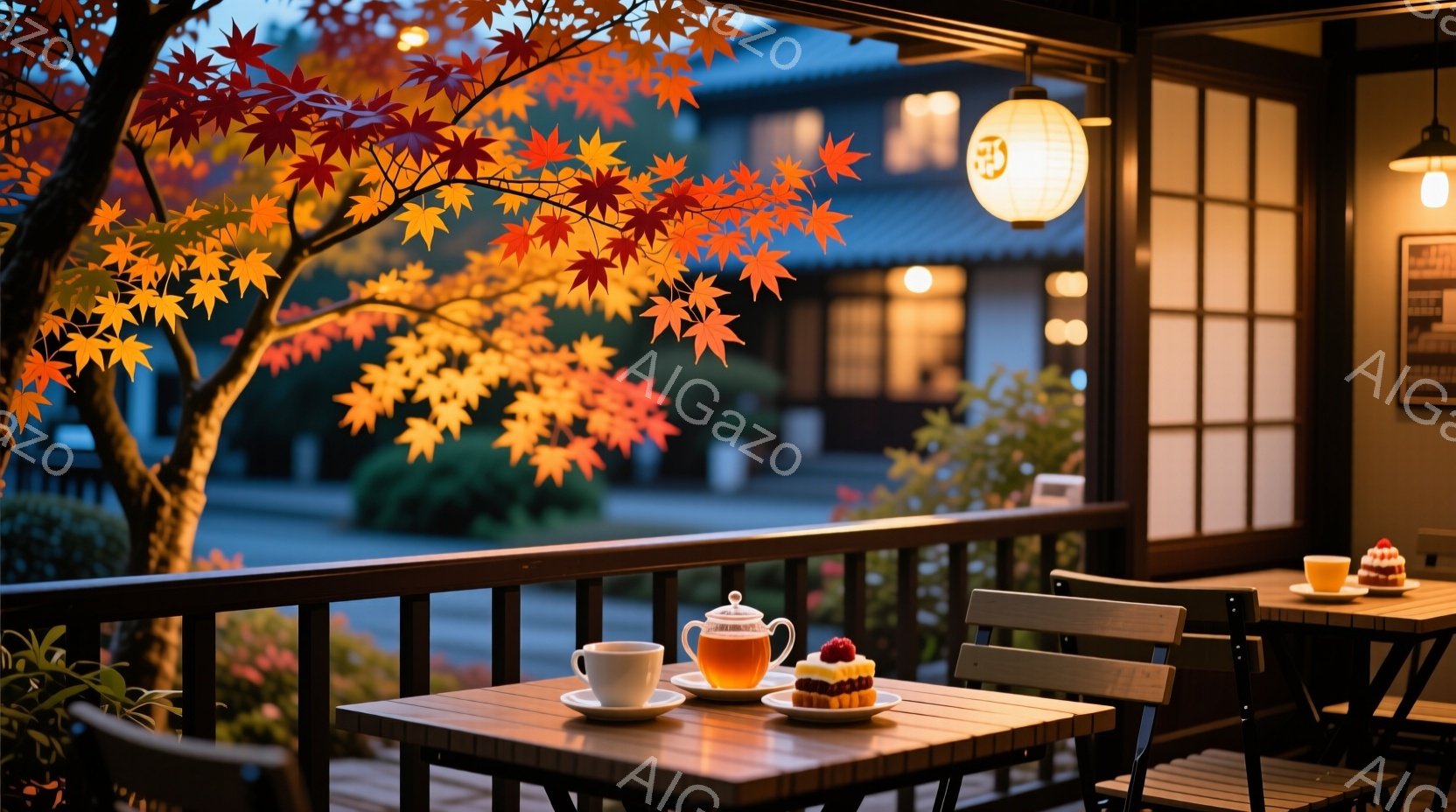 暖かな光に照らされた木製のテラス席には、ティーポットとカップ、そして可愛らしいケーキが置かれている。背景には鮮やかな紅葉と、ぼんやりと見える伝統的な日本家屋が広がり、秋の穏やかな雰囲気を醸し出している。全体的に落ち着いた色彩と柔らかな光が、心地よいティータイムを連想させる。