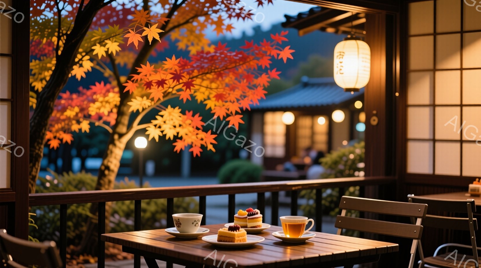 鮮やかな紅葉が背景に広がり、木製の柵に囲まれたテラス席には、可愛らしいケーキと湯呑みが置かれたテーブルが映っています。薄暗い光の中に灯篭が灯り、建物は和風建築で、落ち着いた雰囲気です。全体的に秋の暖かさと静けさを感じさせる、上品な場面です。