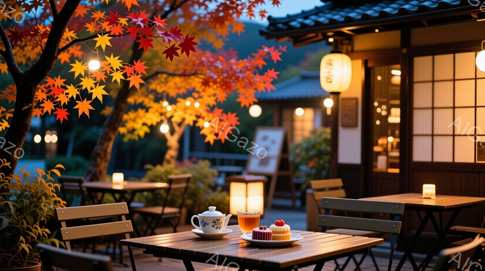 温かい光に照らされた木製のテーブルの上に、白地に花柄のティーポットとグラス、そして可愛らしいケーキが置かれています。背景には、赤やオレンジに色づいた紅葉と、提灯が灯る和風の建物が見え、落ち着いた雰囲気を作り出しています。全体的に、秋の夕暮れに庭園でのお茶会を楽しむような、穏やかで趣のある情景です。