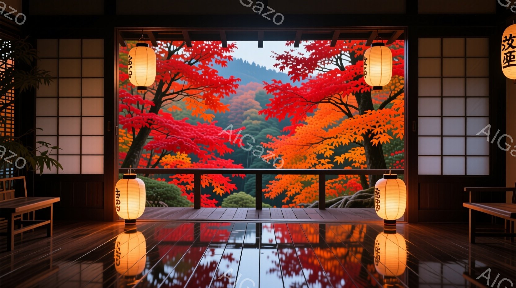 広々とした木造の部屋で、障子戸が開け放たれ、鮮やかな紅葉の景色が見渡せる。床は磨かれて光沢があり、その上にランタンの光が反射し、暖かく落ち着いた雰囲気を醸し出している。全体的に秋の静寂と美しさを感じさせる、日本の伝統的な空間が描かれている。