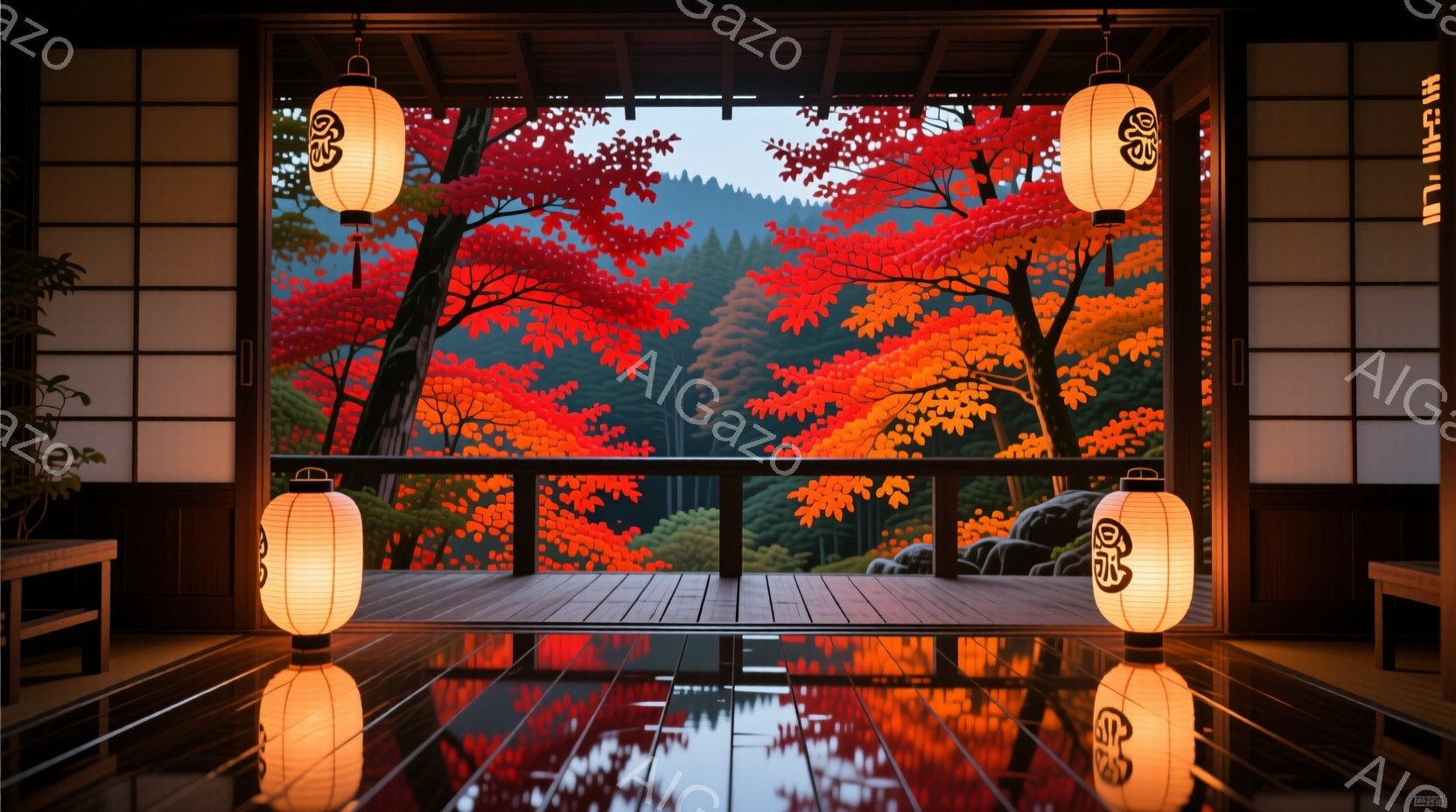 鮮やかな紅葉に彩られた庭園を、縁側越しに見渡せる風景です。黒い木製の縁側には、暖かな光を放つ提灯が吊るされ、庭の石や地面にはその光が反射して美しい光景を作り出しています。背景には鬱蒼とした木々が広がり - AI生成フリー素材