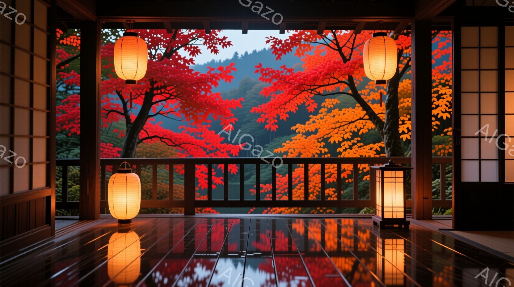 広々とした木製の縁側には、秋の紅葉が映り込み、暖かく落ち着いた雰囲気を醸し出しています。鮮やかな赤やオレンジ色の紅葉は、背後の山々を彩り、まるで絵画のような美しい景色を作り出しています。縁側には提灯が - AI生成フリー素材