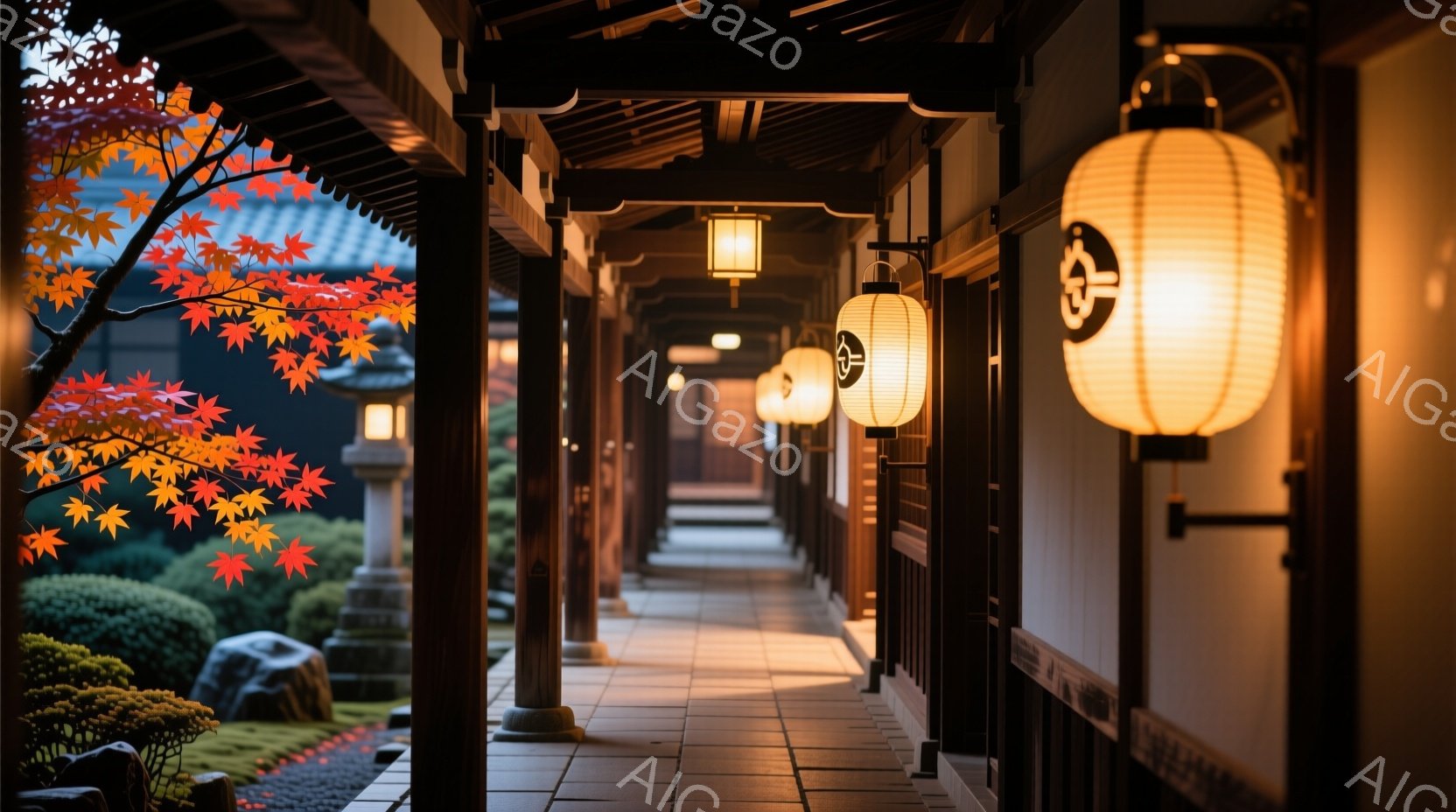 鮮やかな紅葉と木々の緑が、石畳の廊下と対照的な美しい風景を作り出している。温かい光を放つ提灯が廊下に並び、落ち着いた雰囲気と伝統的な日本の美しさを際立たせている。庭園の石や苔、そして木造建築が、静かで穏やかな空間を演出している。