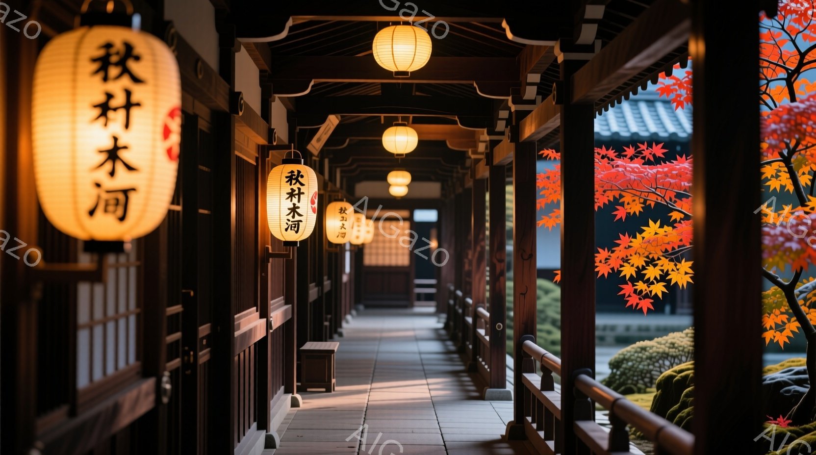 廊下は木造で、伝統的な日本の建築様式で建てられています。秋の紅葉が背景に広がっており、暖かい光を放つ提灯が廊下を照らし、落ち着いた雰囲気を醸し出しています。手すりや木製の柱が日本の伝統的な美しさを際立たせています。