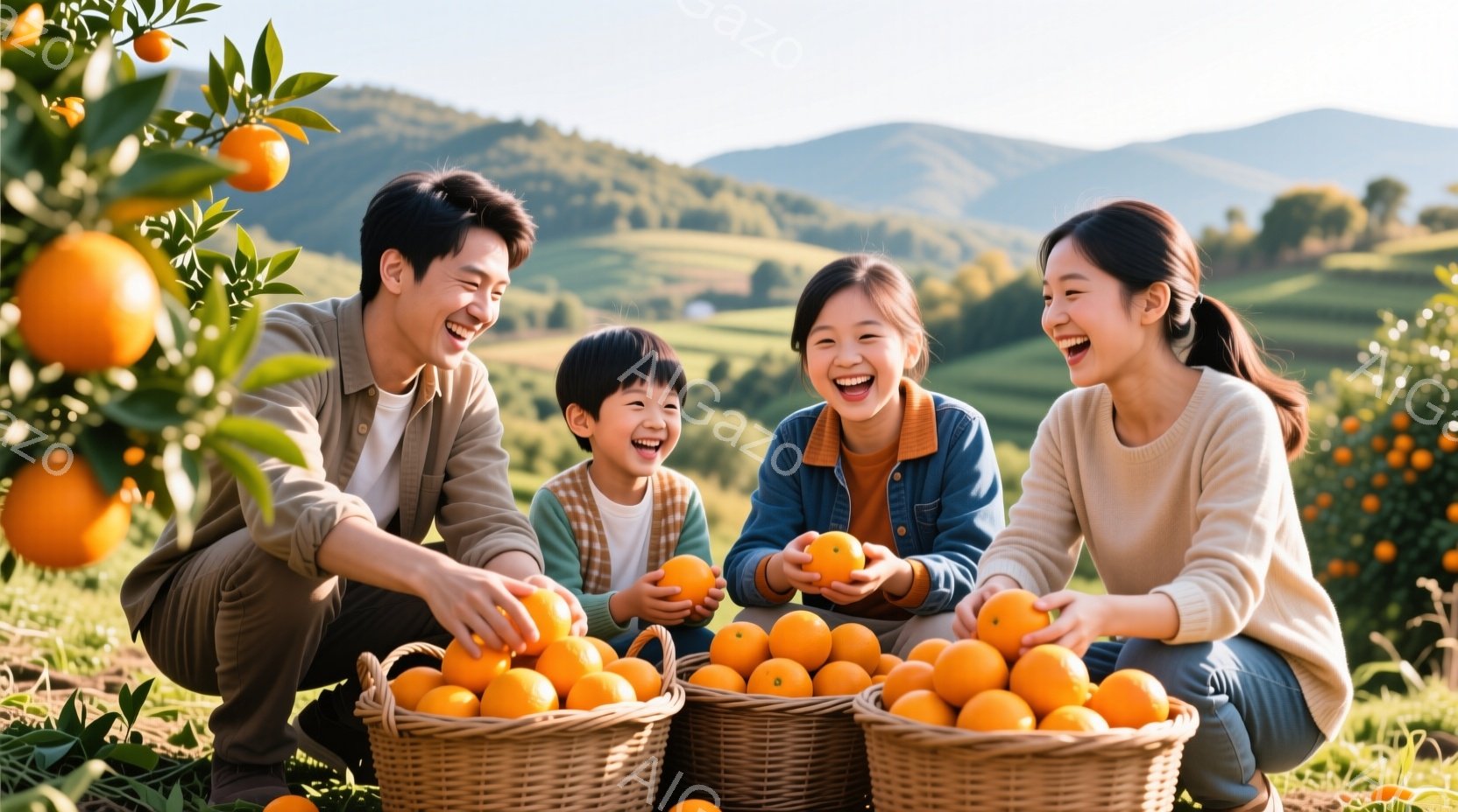 家族がオレンジ畑で収穫を楽しんでいる様子が写っています。父親は膝をつき、オレンジを手に取り、母親と子供たちは笑顔でオレンジを抱えています。背景には緑豊かな丘と穏やかな天気があり、家族の温かく幸せな雰囲気を引き立てています。