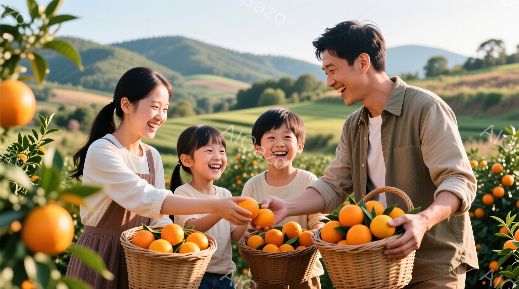 鮮やかなオレンジ色の果実が実る果樹園で、母親と二人の子供がオレンジを収穫している様子が写っている。母親は明るい笑顔でオレンジを娘に渡し、息子は満面の笑みでオレンジの入った籠を持っている。背景には緑豊かな丘陵が広がり、晴天の下で家族の温かい雰囲気が伝わってくる。