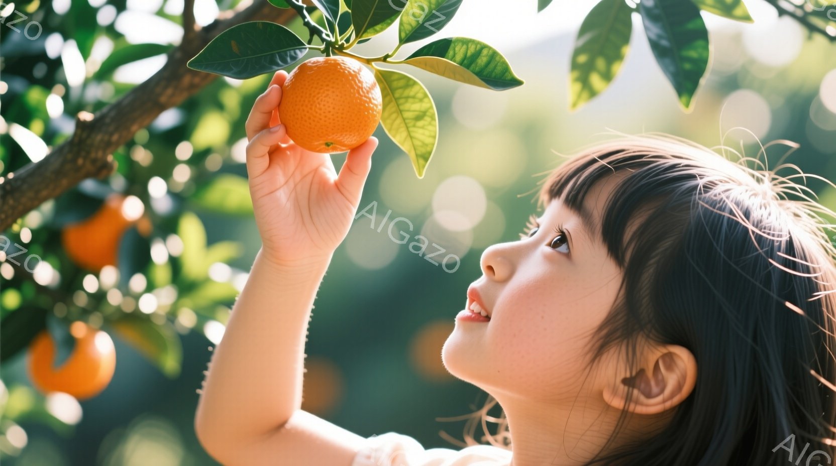 幼い少女がオレンジ色の果実を手に取ろうと、上を見上げています。彼女はクリーム色の服を着ており、黒髪を肩まで伸ばしたヘアスタイルです。背景にはオレンジの木と、ぼやけた緑色の葉が広がり、晴れた日の穏やかな雰囲気が伝わってきます。