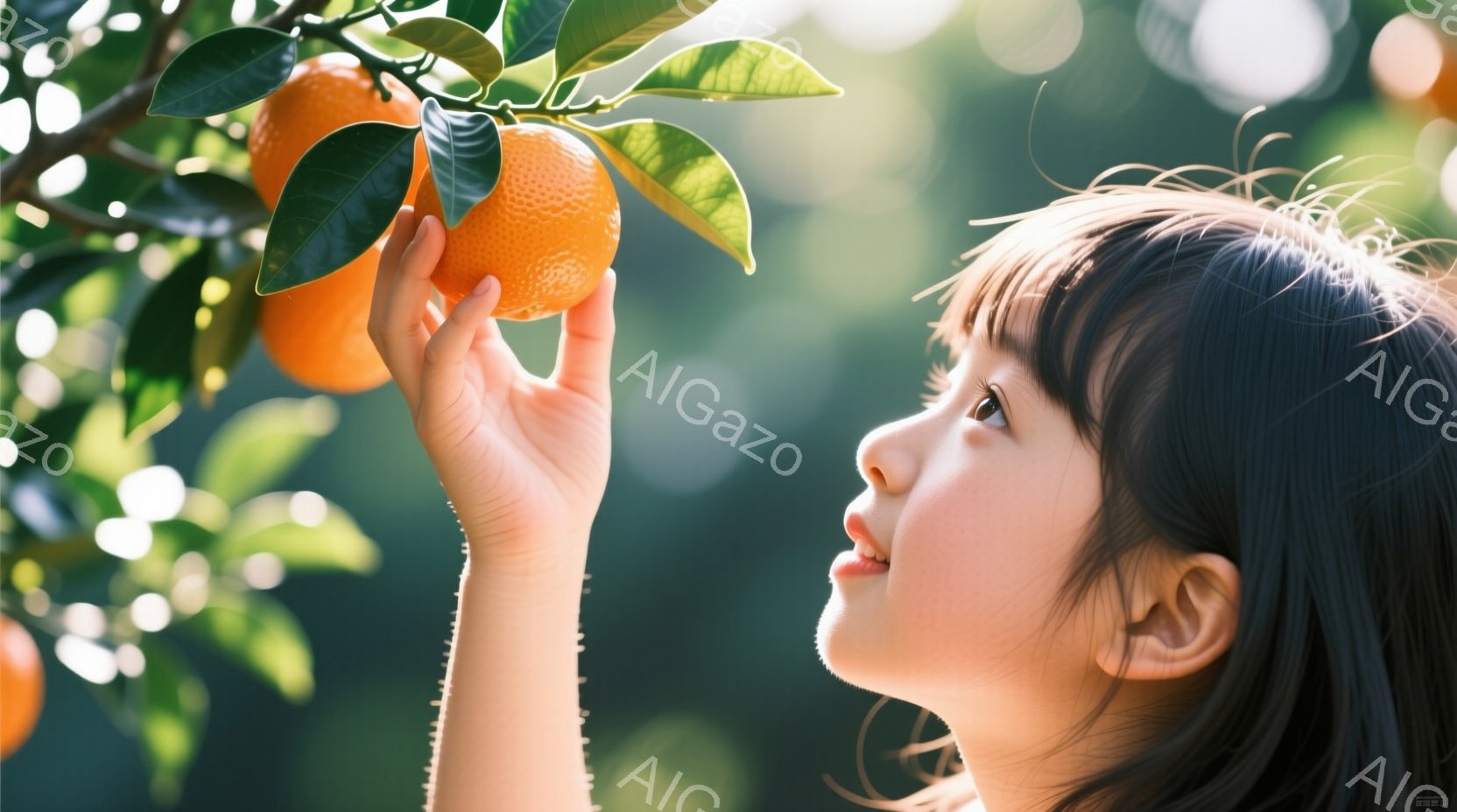 少女はオレンジ色の果実を手に伸ばし、少し上を見つめている。彼女は薄いピンク色のシャツを着ており、黒い髪は肩にかかる長さで、前髪が目に少しかかっている。背景にはオレンジの木々とぼやけた緑が広がり、太陽の光が差し込む穏やかな雰囲気である。