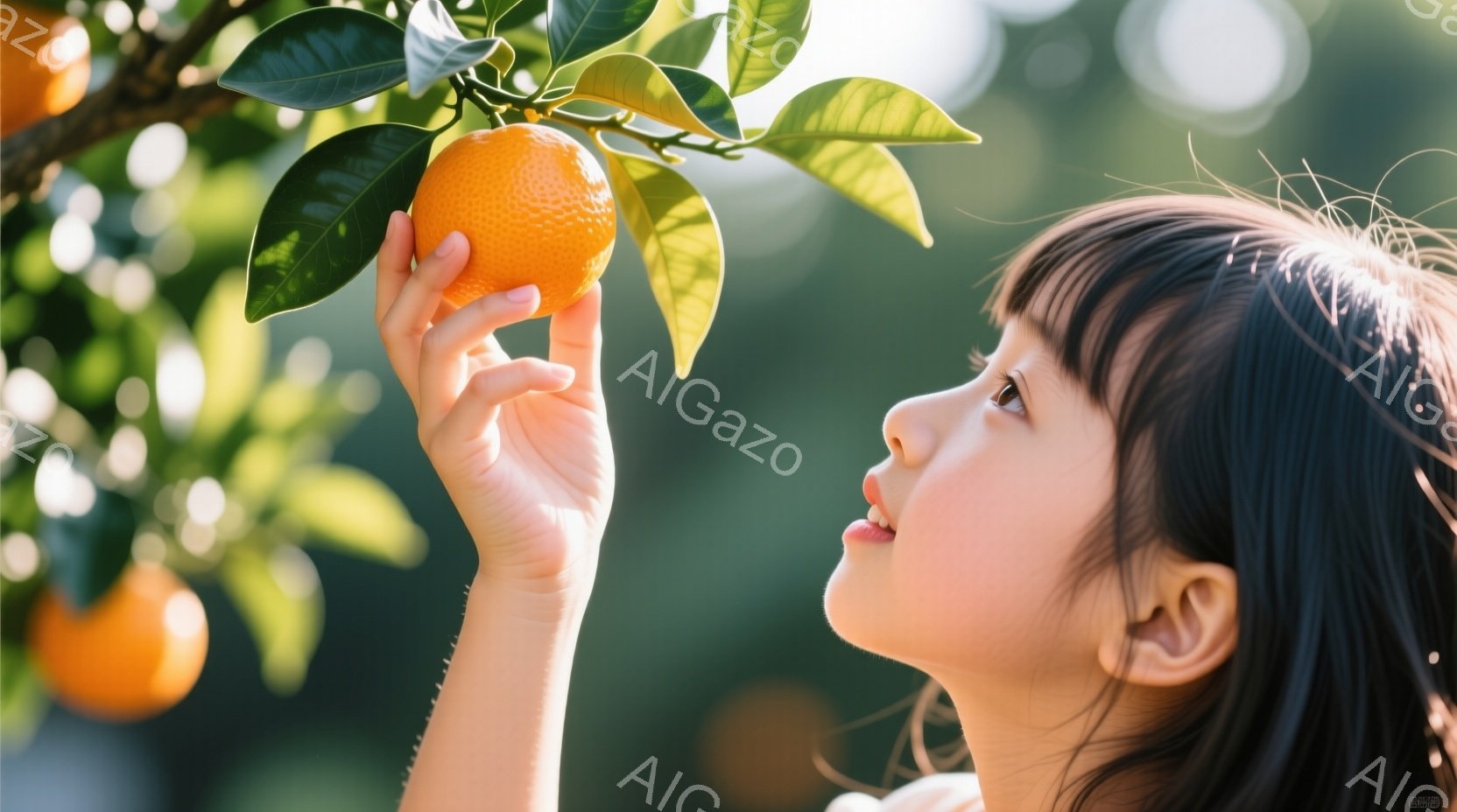 暗緑色の葉に囲まれ、少女がオレンジ色の果実を高く伸ばした手で摘もうとしている。彼女は白いトップスを着ており、前髪のある黒髪が肩にかかっている。背景には緑豊かな木々と自然光が差し込み、果実を摘む少女の姿を明るく照らしている。