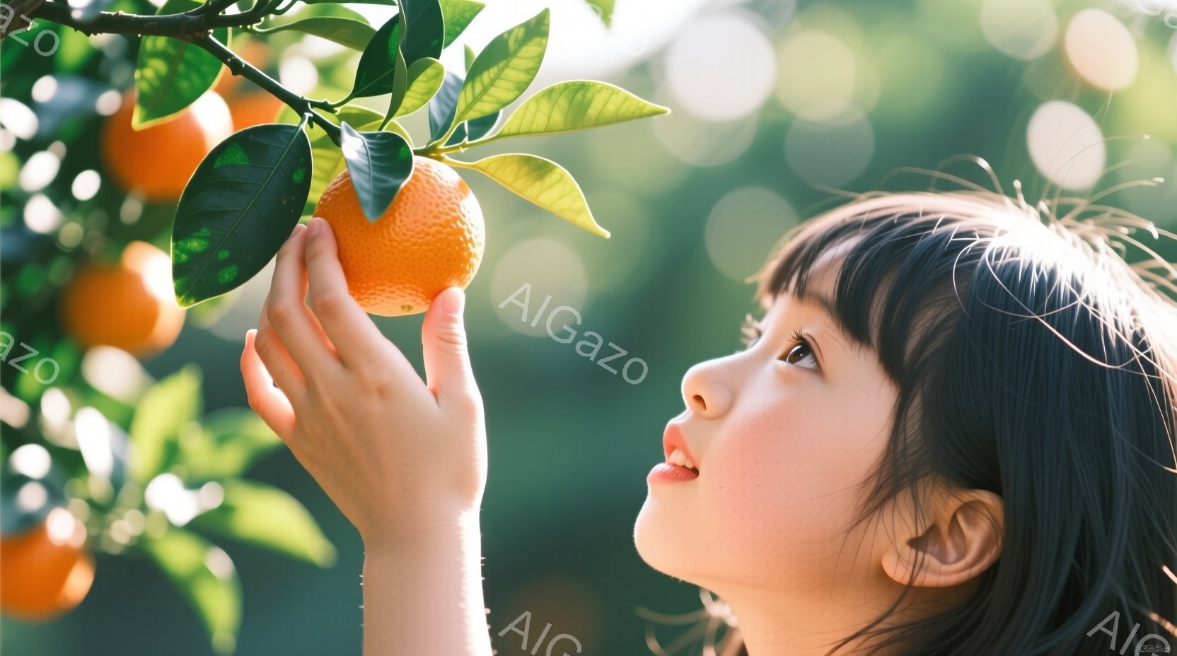 若い女の子がオレンジ色の実をつけた木に手を伸ばしている様子が写っている。彼女は黒い髪を肩まで伸ばし、希望に満ちた表情で上を見上げている。背景は緑豊かな木々で、光が差し込み、暖かく穏やかな雰囲気を醸し出している。