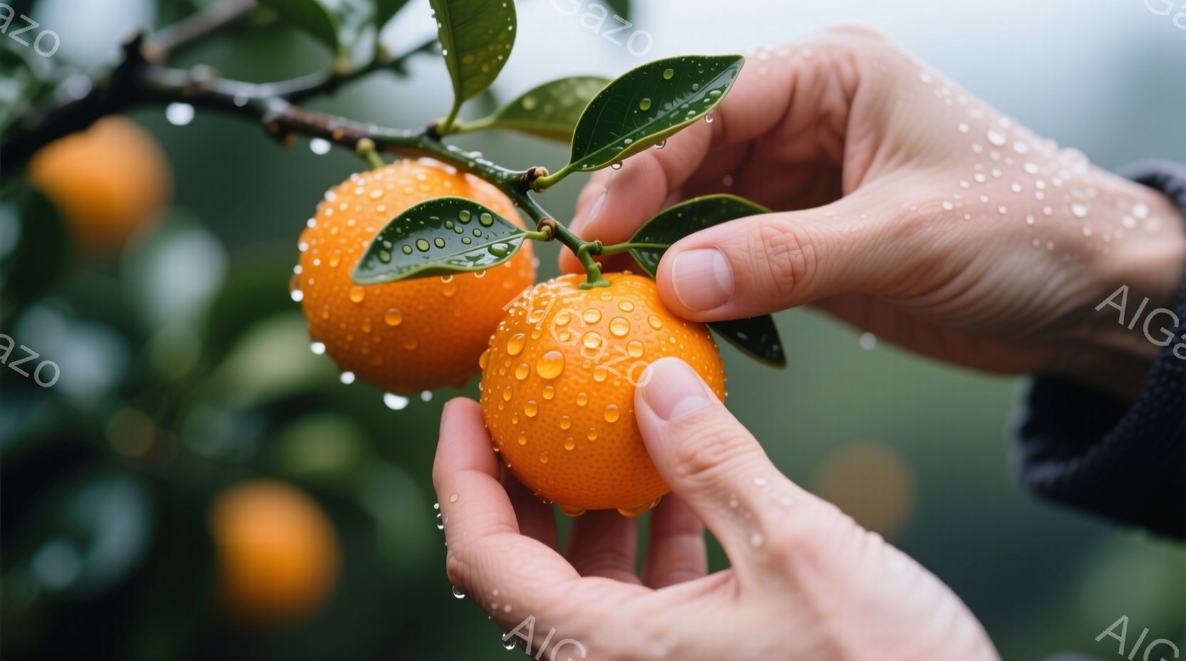 鮮やかなオレンジ色の柑橘類が、緑の葉と共に手によって優しく支えられています。手の指には水滴が付いており、雨上がりのような、あるいは収穫後の水洗い後の情景を想像させます。背景はぼやけていますが、緑豊かな植物が広がり、全体的に爽やかで自然な雰囲気を醸し出しています。