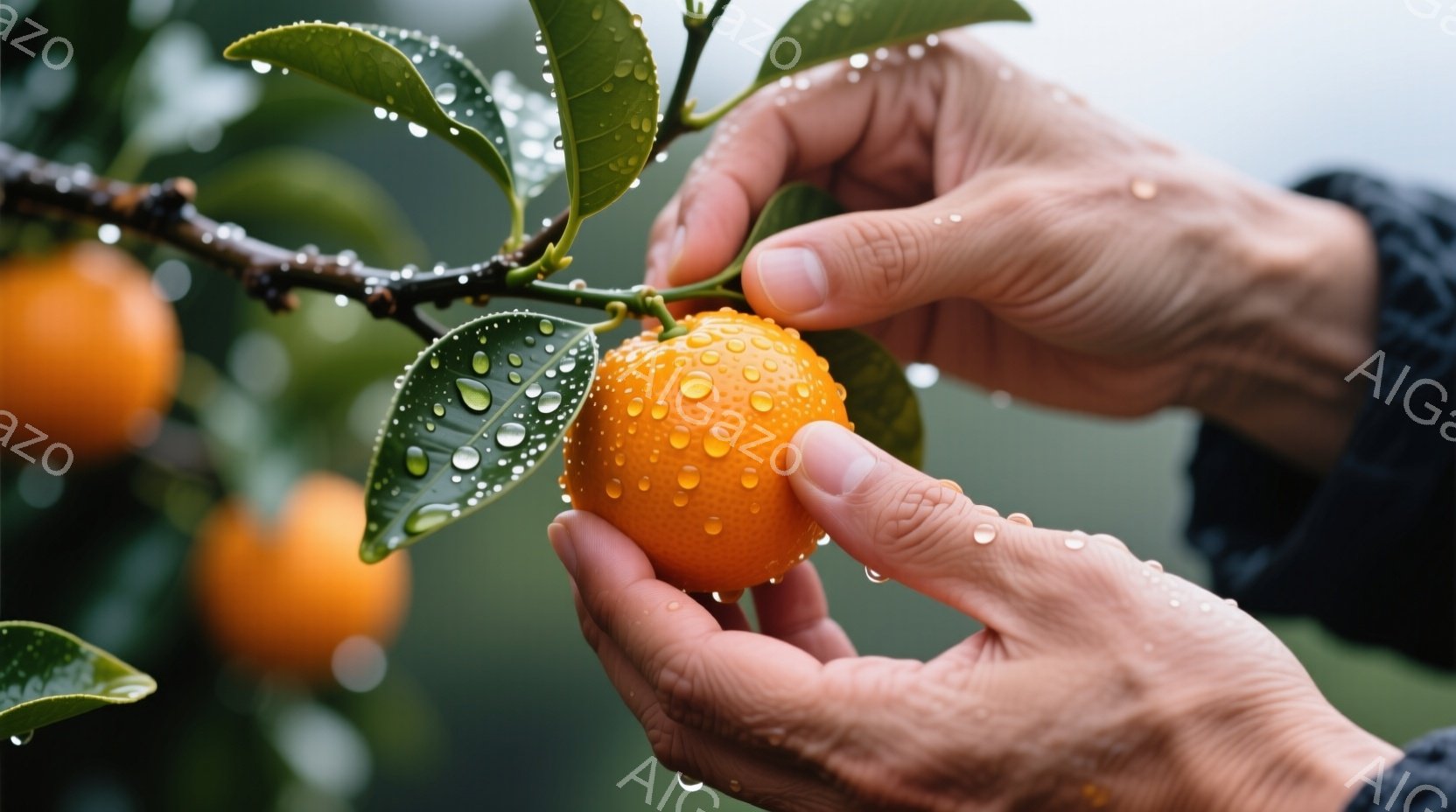 しわがれた手のひらが、雨に濡れた小さな柑橘類の実を慎重に摘み取ろうとしている様子が写っている。背景には、同様に雨に濡れた葉と、ぼやけた緑の風景が広がり、雨上がりの静かで穏やかな雰囲気が漂う。全体的に、自然との繋がりや収穫の喜びを感じさせる、温かく親密な光景である。
