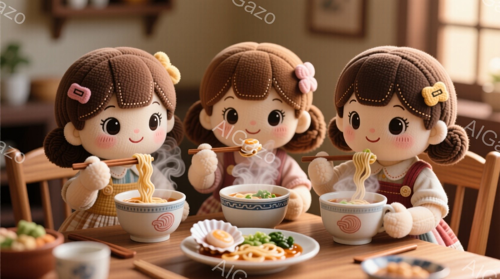 明るい茶色の巻き毛の髪に赤いリボンを付けた、可愛らしい人形が三人、食卓を囲んでいます。人形たちは皆、ピンク色のベストとチェック柄のスカートを着ており、笑顔でラーメンを食べています。背景には、緑色の野菜、ラーメン、お茶碗があり、暖かい家庭的な雰囲気が漂っています。
