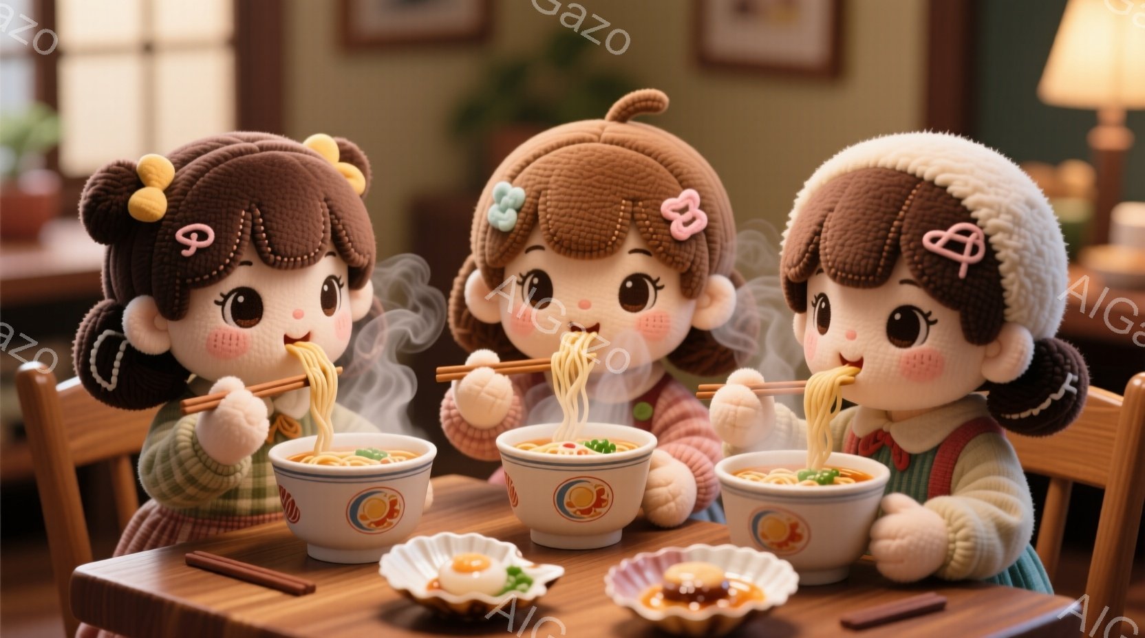 三人の可愛らしい人形が、温かいラーメンを美味しそうに食べている様子が描かれています。人形たちは緑色のベストとクリーム色のシャツを着ており、茶色の巻き毛の髪型に、頭には可愛らしい帽子を被っています。背景には、暖炉と絵画が飾られた居心地の良い部屋が広がっており、全体的に温かく幸せな雰囲気が漂っています。