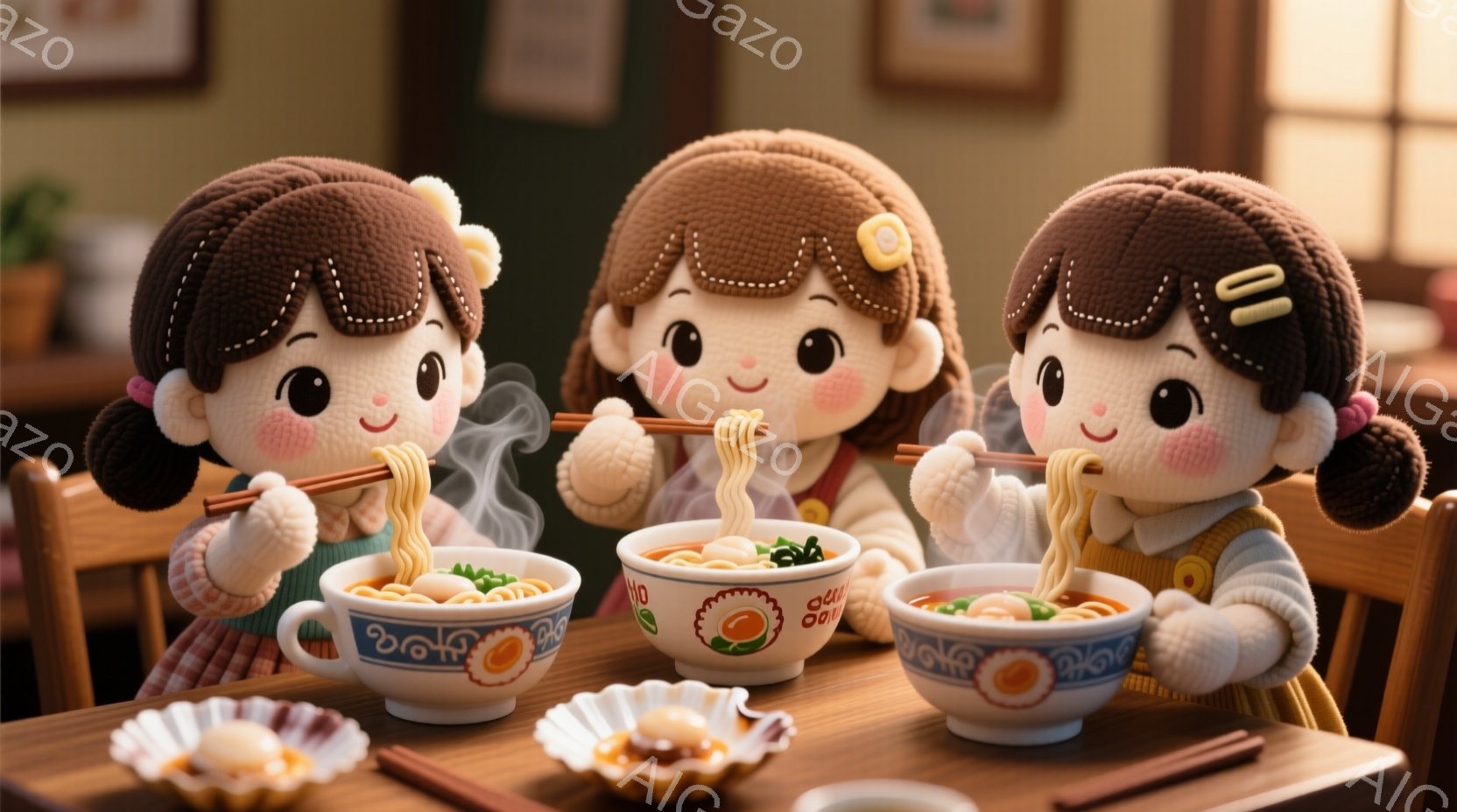 3人の女の子がテーブルを囲んでラーメンを食べている様子が描かれている。彼女たちは皆、茶色の巻き毛に黄色いベストを着ており、同じように笑顔でラーメンを楽しんでいる。背景には壁に飾られた絵や、ラーメンと一緒に提供されている小さな料理が並べられており、温かく家庭的な雰囲気を醸し出している。