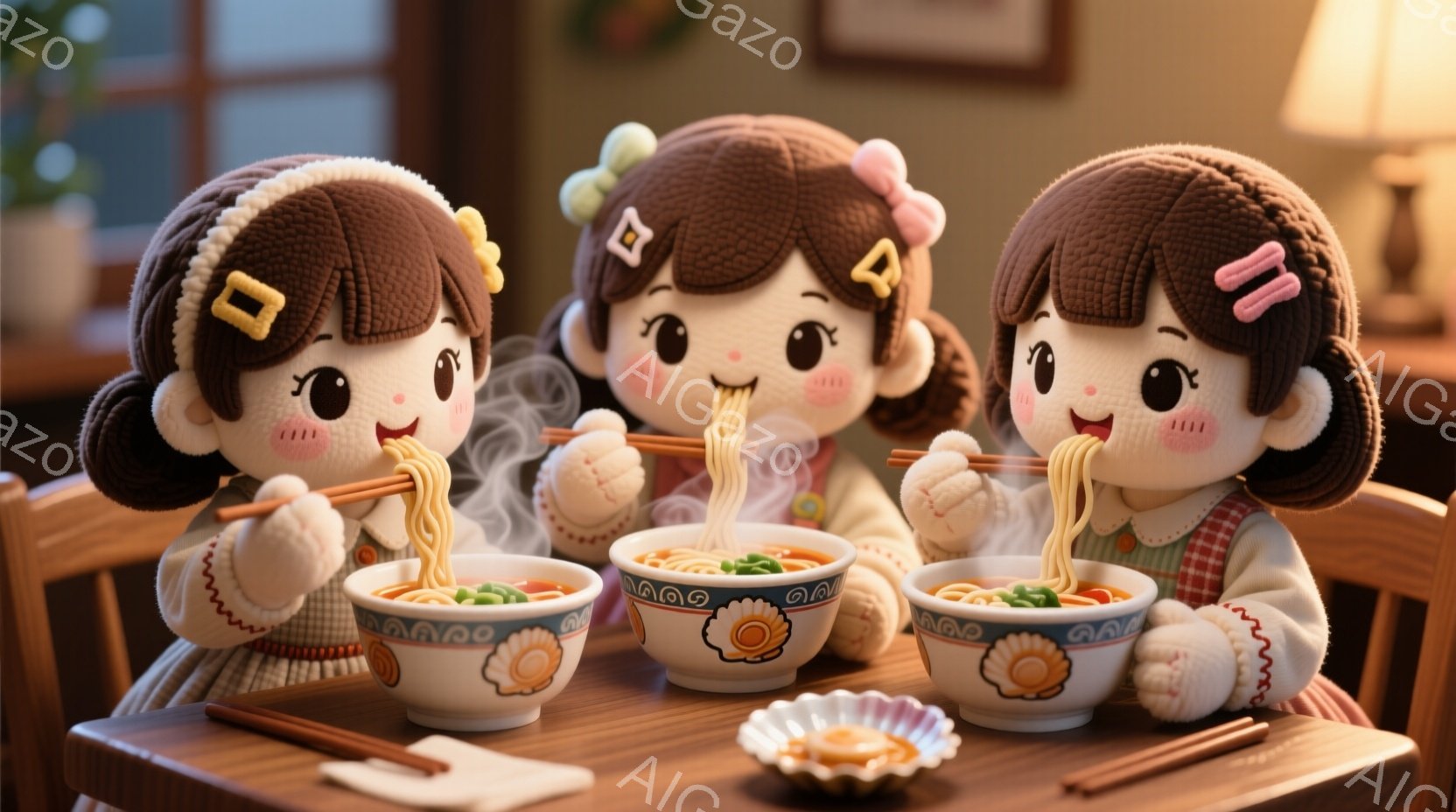 3人の可愛らしい人形が、温かいラーメンを食べている様子が描かれています。人形たちは茶色の巻き毛に、それぞれ異なる色のリボンをつけており、ピンク、オレンジ、緑のベストを着ています。背景には木製のテーブルと壁、そしてぼんやりとした光が見え、温かく穏やかな雰囲気が漂っています。