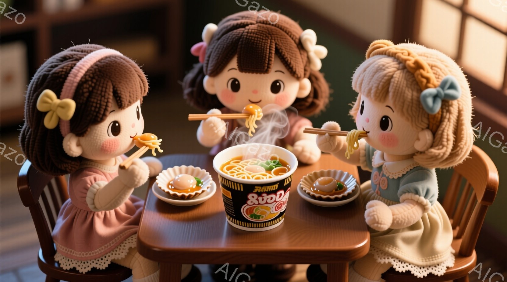 三人の人形が小さな丸いテーブルを囲んでラーメンを食べている様子が描かれています。それぞれピンク、水色、薄紫色のフリルが付いたワンピースを着ており、髪はカールしてリボンで結ばれています。テーブルの上には湯気を立てるラーメンの器と、小さな白いお皿に盛り付けられた卵が置かれており、温かく可愛らしい雰囲気を醸し出しています。