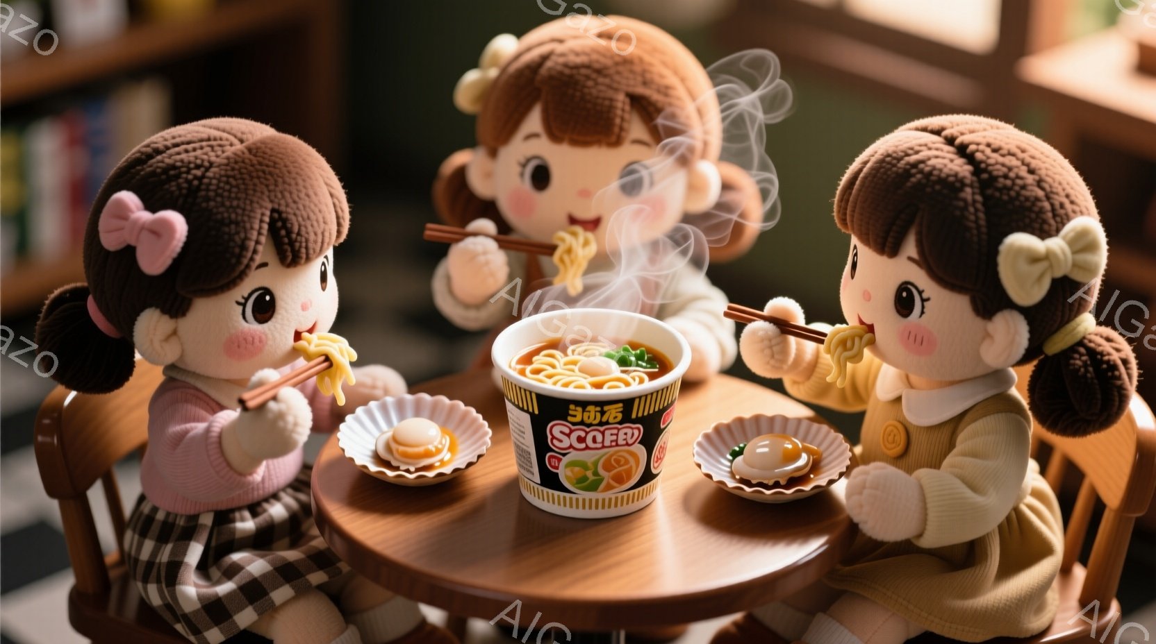 三体の可愛らしい人形が丸い木のテーブルを囲んでラーメンを食べている様子が描かれています。人形たちは皆、茶色の巻き毛にピンクの頬、そして同じクリーム色のセーターとチェック柄のスカートを身につけています。背景にはぼやけた部屋の一部が見え、温かく、ほのぼのとした雰囲気を醸し出しています。