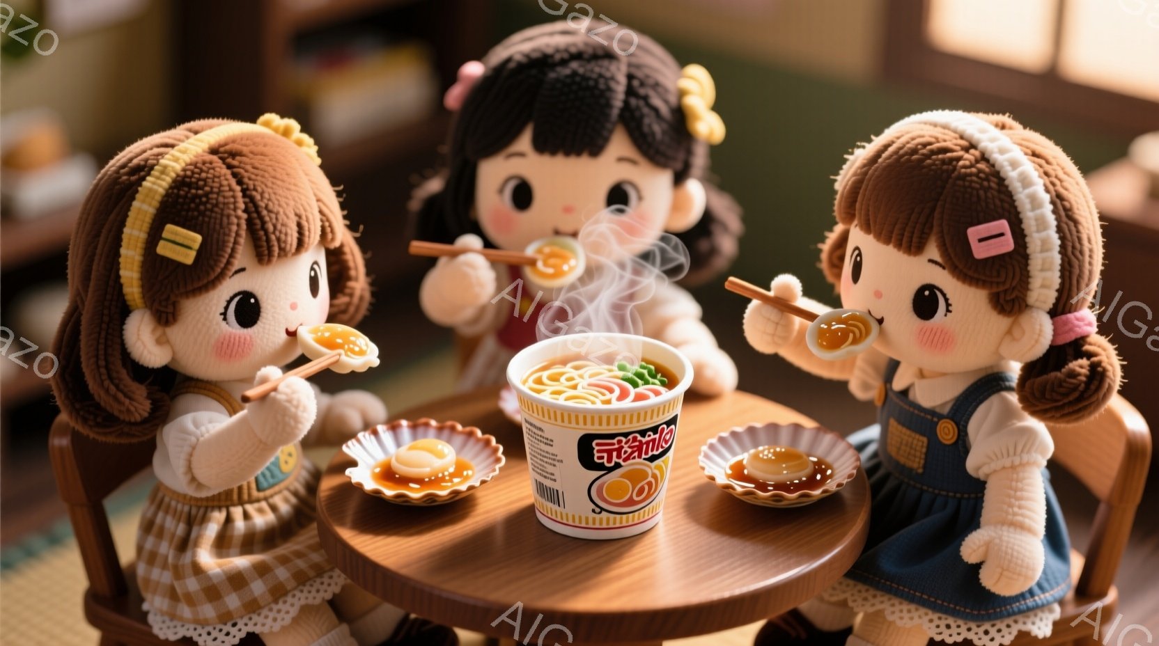 明るい茶髪の巻き髪に、赤いリボンをつけた可愛らしい女の子の人形が三体、小さな丸いテーブルを囲んで食事をしている。それぞれピンク、黄色、水色のフリルスカートとセーターを着ており、小さな白いお皿に盛られたラーメンを箸で楽しんでいる様子が描かれている。背景には木製の棚とぼやけた室内が映り、温かく親密な雰囲気を醸し出している。
