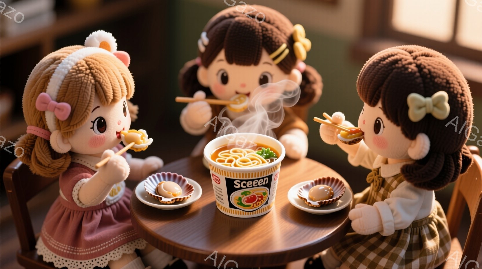 3体の人形が丸い木のテーブルを囲んで食事をしている様子が描かれている。人形たちはそれぞれピンク、緑、茶色のワンピースを着ており、カールした茶色の髪にリボンをつけている。テーブルの上には蒸気が立ち上るラーメンの入ったカップと、小皿に盛り付けられたおかずが置かれ、温かく可愛らしい雰囲気を醸し出している。