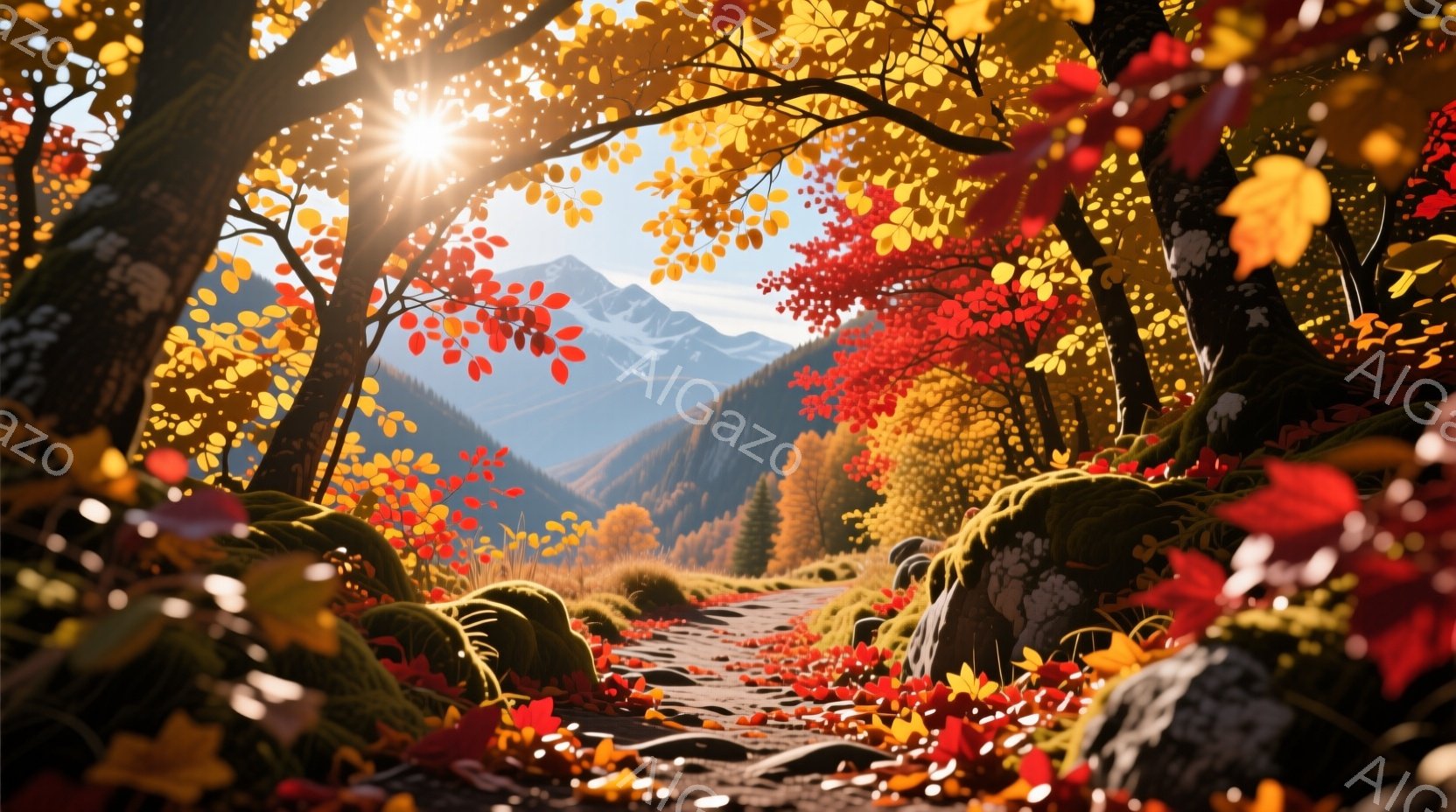 紅葉に染まった森の中を、道が奥へと続いています。背景には雪を抱いた山々がそびえ立ち、秋の晴天の下、鮮やかな色彩が広がっています。落ち葉が道一面に敷き詰められ、温かく穏やかな雰囲気を醸し出しています。