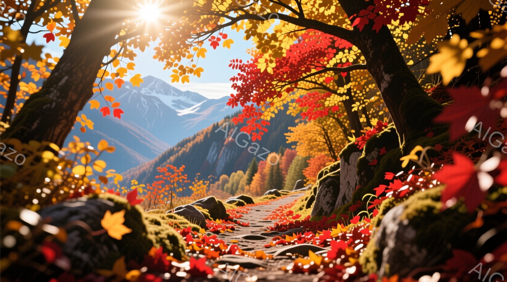 赤や黄色の紅葉に彩られた小道が、山々へと続く風景が描かれている。道は石畳で、落ち葉が散りばめられており、苔むした岩がアクセントになっている。遠くには雪を抱いた山々が広がり、晴れた空の下、秋の穏やかな雰 - AI生成フリー素材