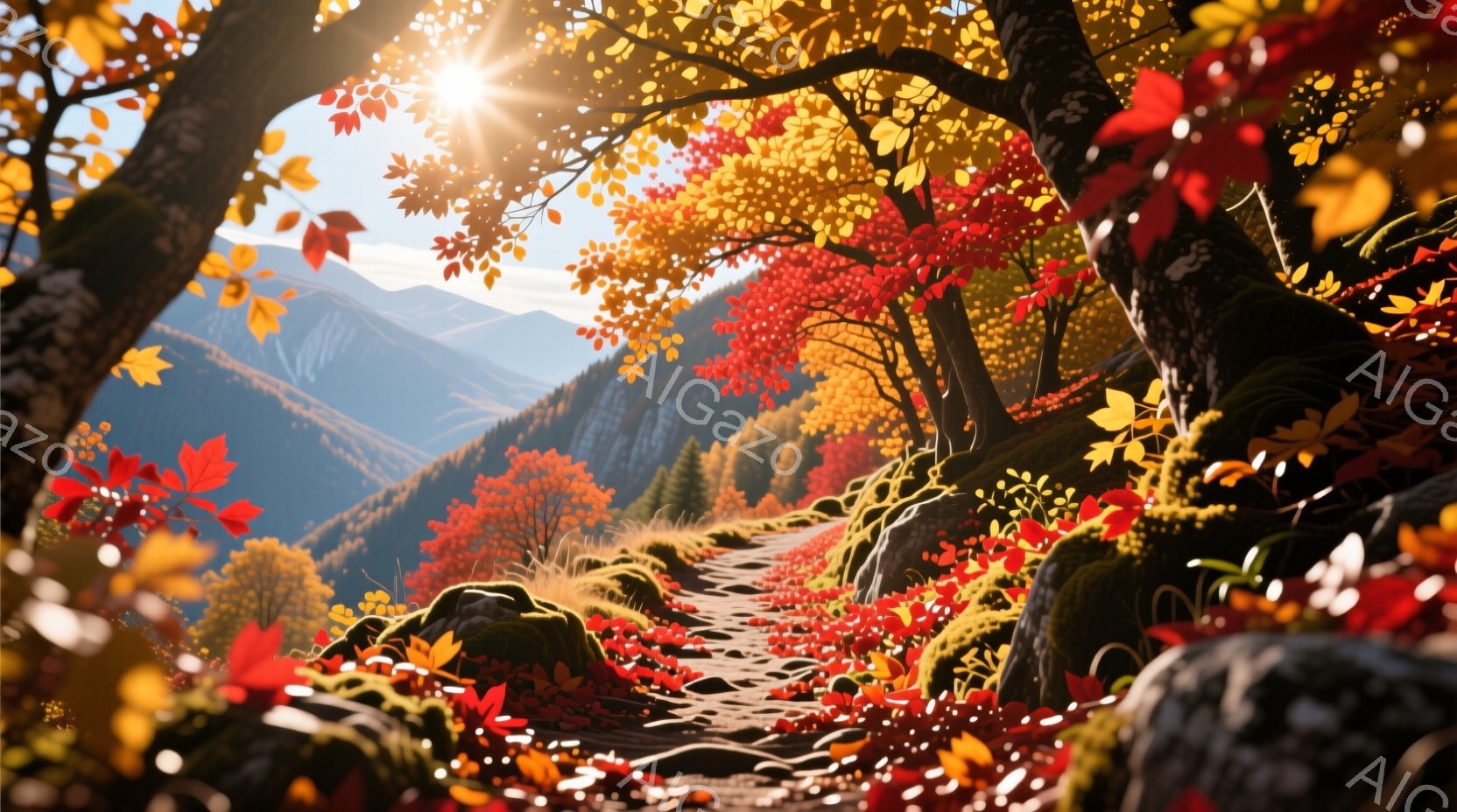 鮮やかな紅葉に彩られた山道が描かれている。道は岩肌に沿って続き、両側には赤、オレンジ、黄色の葉が散りばめられ、まるでトンネルのようになっている。遠くには山々が連なり、晴天の下、秋の穏やかな雰囲気が漂っている。