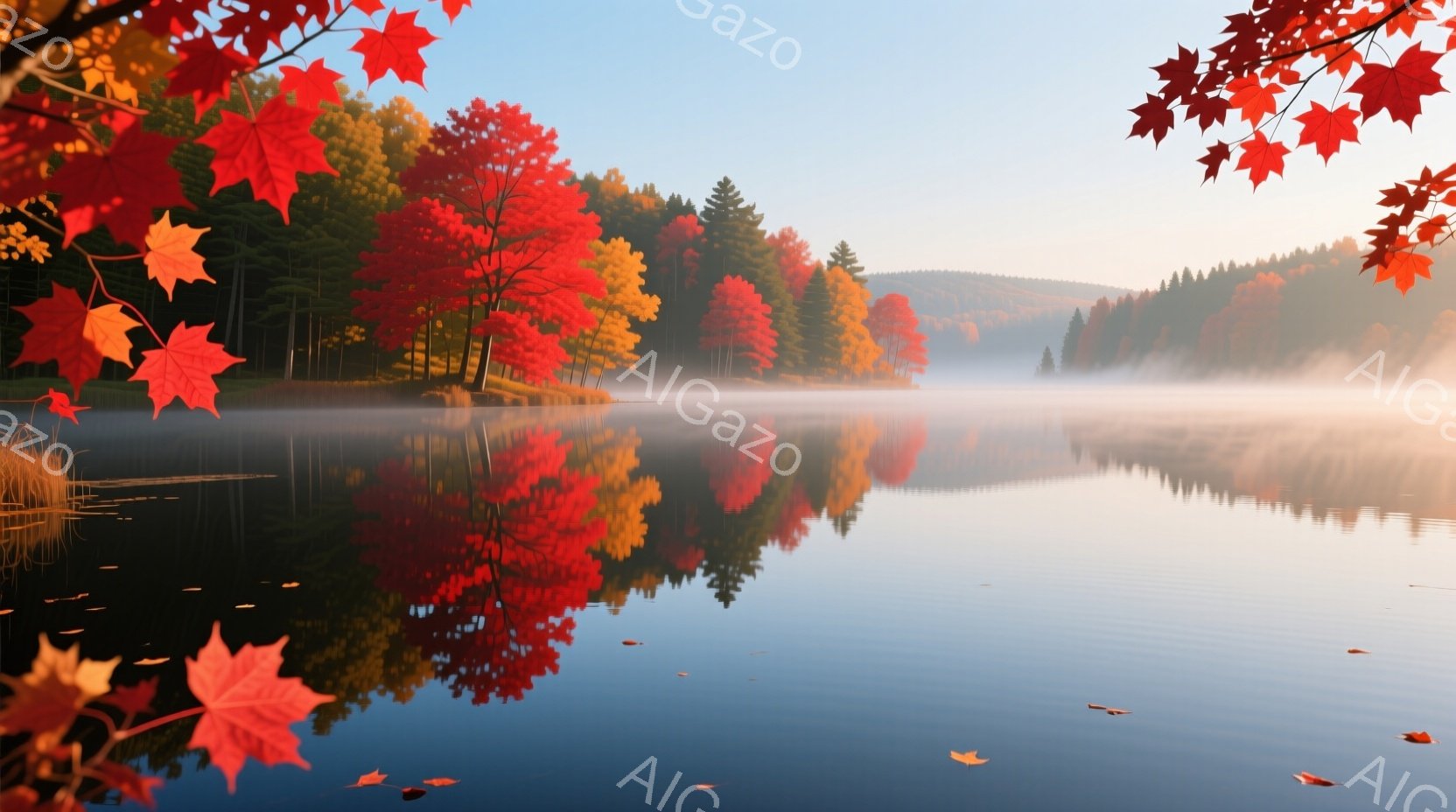 静かな湖面は、鮮やかな紅葉の木々を完璧に映し出しており、まるで鏡のような美しさです。朝の霧が湖面を覆い、幻想的な雰囲気を醸し出しています。背景には、緑豊かな山々が霞んで見え、穏やかで平和な秋の風景が広がっています。