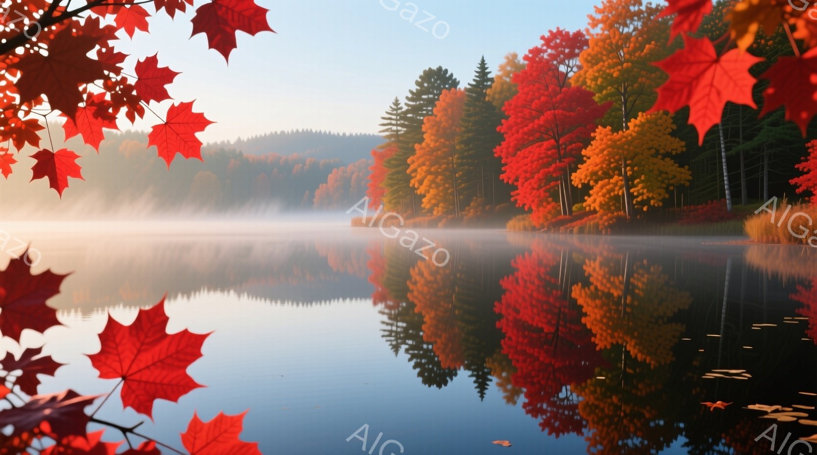 穏やかな湖面に、鮮やかな紅葉が映り込み、まるで絵画のような風景が広がっています。朝霧が湖面を覆い、木々の緑と赤、黄色のコントラストが美しく、静寂の中に秋の深まりを感じさせます。水面に映る木々の姿は、まるで鏡に映った別世界のように幻想的です。