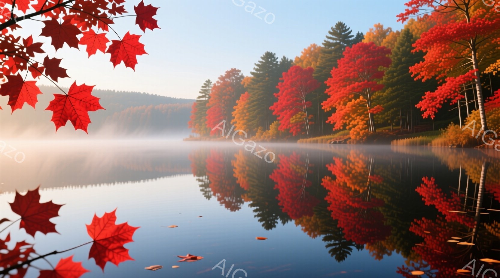 静かな湖面が、燃えるような紅葉の木々を完璧に映し出している。霧が立ち込め、穏やかな朝の光が湖と木々の鮮やかな色合いを強調している。自然の美しさと静寂が感じられる、秋の風景だ。