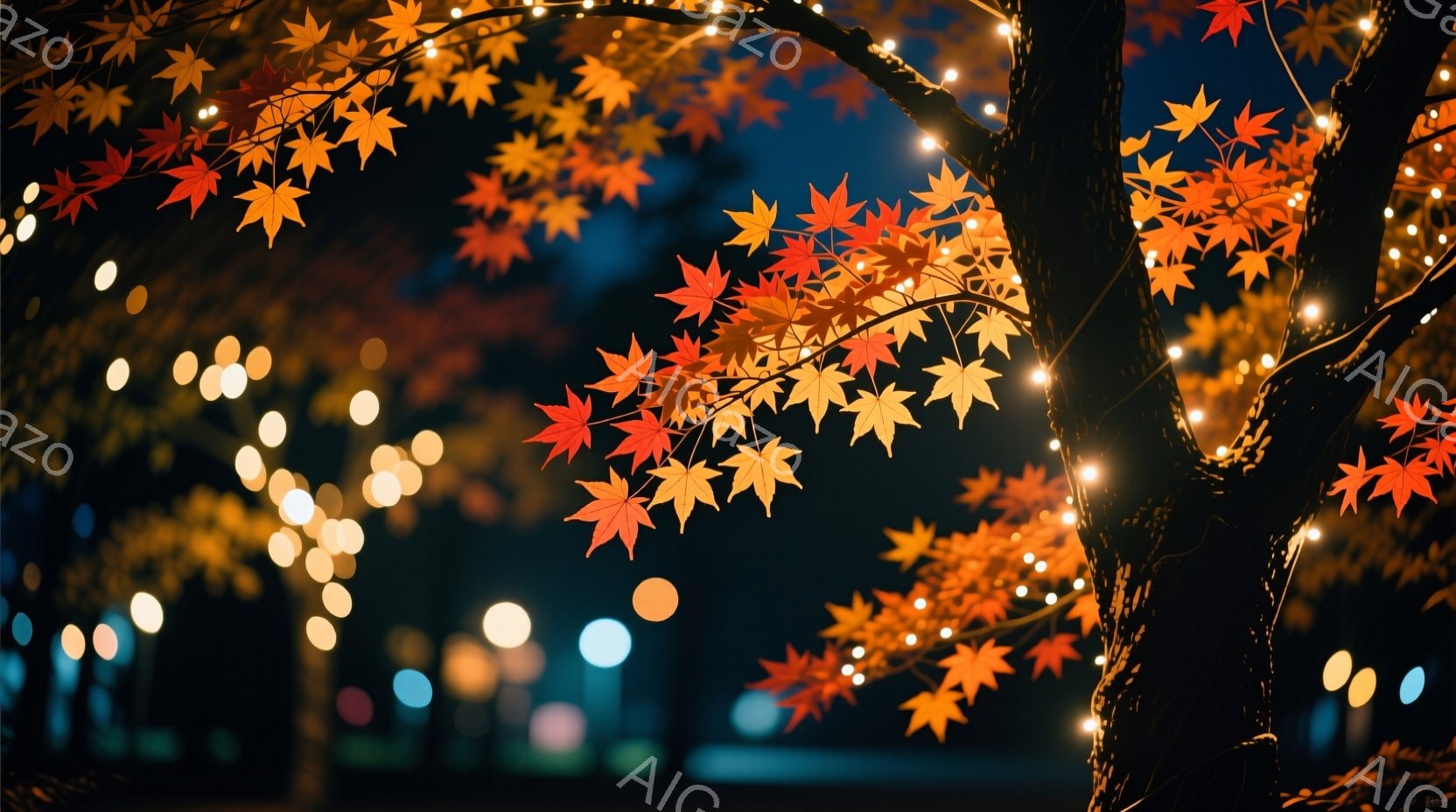 深い青色の夜空を背景に、鮮やかな紅葉の葉が枝に茂っている様子が描かれています。葉は赤からオレンジ色までグラデーションになっており、小さな電飾の光が葉の間を照らし、幻想的な雰囲気を醸し出しています。背景はぼやけていますが、夜空と街の光がかすかに見え、秋の静かで美しい夜を表現しています。