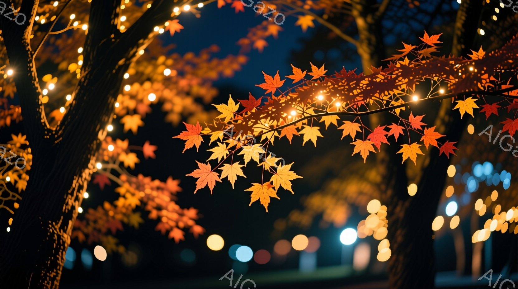 深い緑色の木の枝に、燃えるように赤い紅葉が広がっており、夜空を背景に温かい光のイルミネーションが輝いている。背景は暗く、ぼやけた光の点が都市の夜景を示唆し、全体的に幻想的でロマンチックな雰囲気を醸し出 - AI生成フリー素材