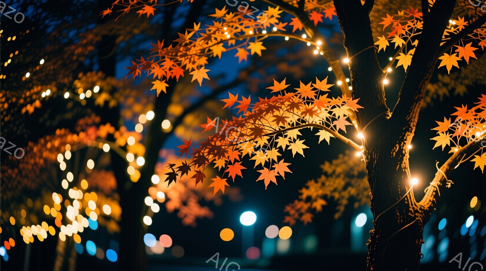 深い夜空を背景に、オレンジ色や黄色のライトが枝に巻き付いた木が際立っています。赤く色づいたもみじの葉がライトに照らされ、秋の夜の温かく幻想的な雰囲気を醸し出しています。背景にはぼんやりとした光のぼかしが見られ、まるで都会の夜景が遠くに見えるようです。
