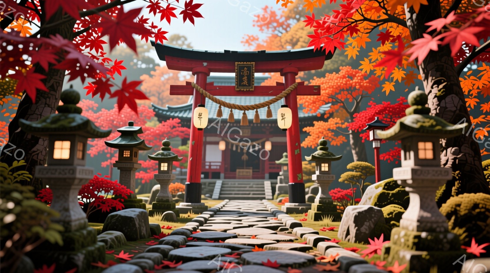 赤い鳥居が印象的な風景で、両脇には石灯籠が並び、秋の紅葉が背景を彩っています。石畳の道が鳥居へと続いており、その先には神社の建物が見え隠れし、全体的に穏やかで神秘的な雰囲気が漂っています。鮮やかな色彩と、自然の美しさが調和した、日本の秋を象徴するような情景です。