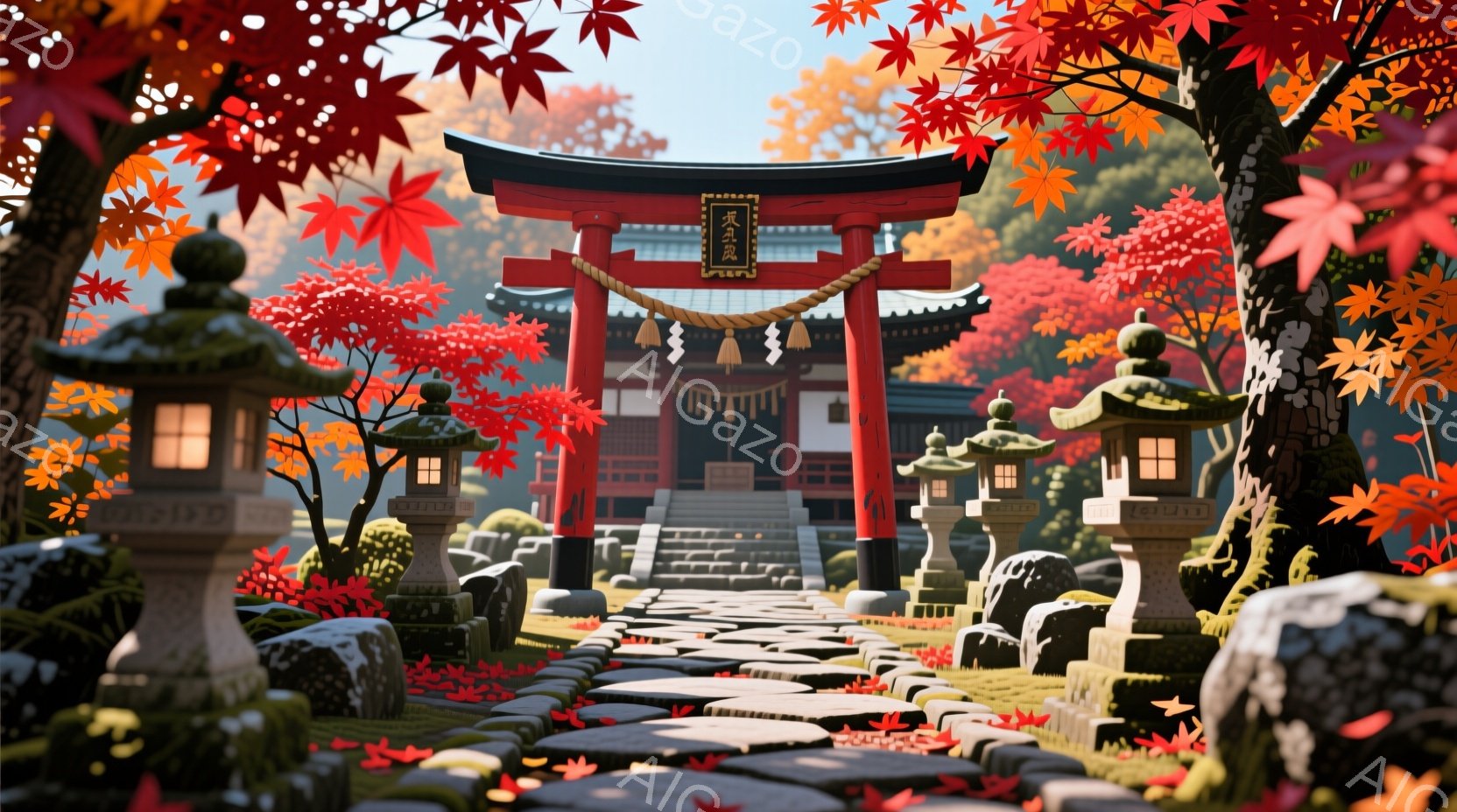 赤い鳥居が印象的な風景です。石畳の道には紅葉が舞い散り、両脇に石灯籠が並び、奥には伝統的な建築様式の建物が見えます。全体的に鮮やかな色彩と穏やかな雰囲気が漂い、秋の深まりを感じさせます。 - AI生成フリー素材