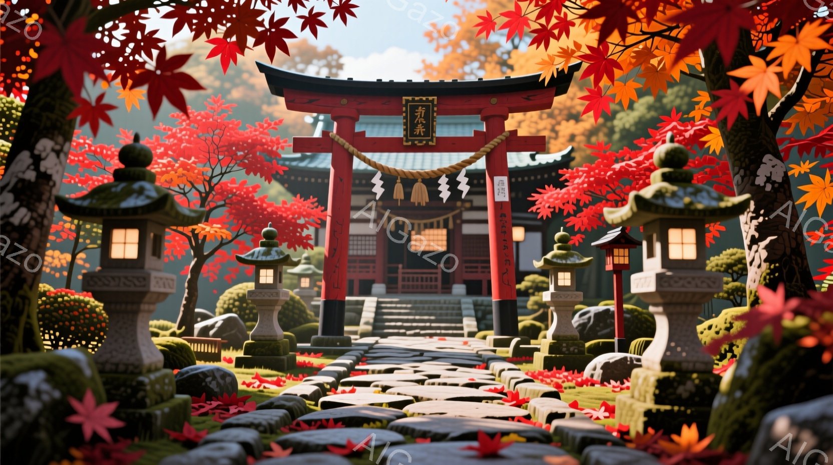 赤い鳥居が並ぶ参道は、落ち葉で覆われた石畳の道であり、両脇には石灯籠が配置されています。背景には伝統的な日本の建物が見え、紅葉した木々が秋の風景を彩っています。全体的に暖かく、静かで穏やかな雰囲気が漂っています。