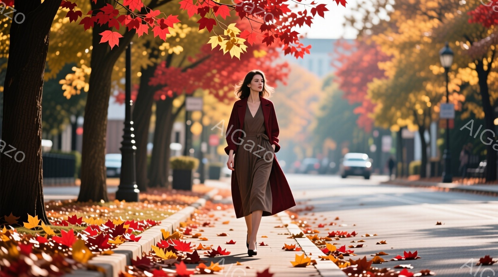 赤いもみじの葉が敷き詰められた遊歩道を、赤いロングカーディガンを羽織った女性が歩いている。彼女は茶色のドレスを着ており、少し微笑み、リラックスした表情をしている。背景には木々の紅葉が広がり、明るい日差 - AI生成フリー素材