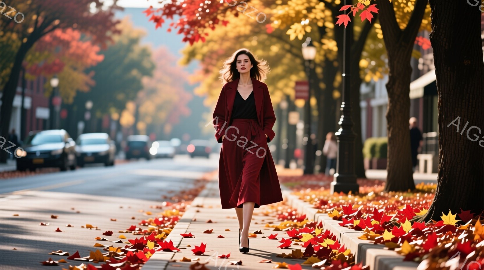 赤いコートとスカートを身に着けた女性が、落ち葉が散らばる歩道を歩いている。彼女は黒いパンプスを履き、ゆるやかにウェーブした長い髪が風になびいている。背景には並木道と建物が見え、秋の穏やかな日差しが降り - AI生成フリー素材