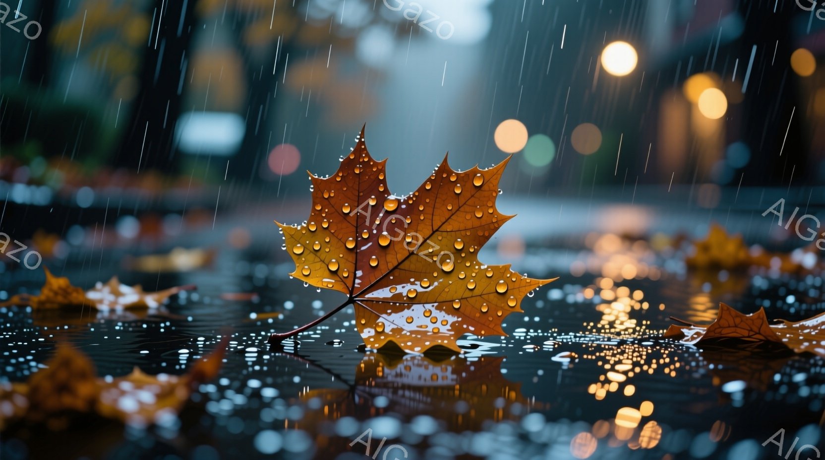 濡れた地面に落ちた鮮やかなオレンジ色の紅葉が印象的な写真です。雨粒が葉や水面に反射し、ぼやけた背景の街灯が温かい光を放っています。全体的に、しっとりとした秋の夜の静かで物憂げな雰囲気が漂っています。