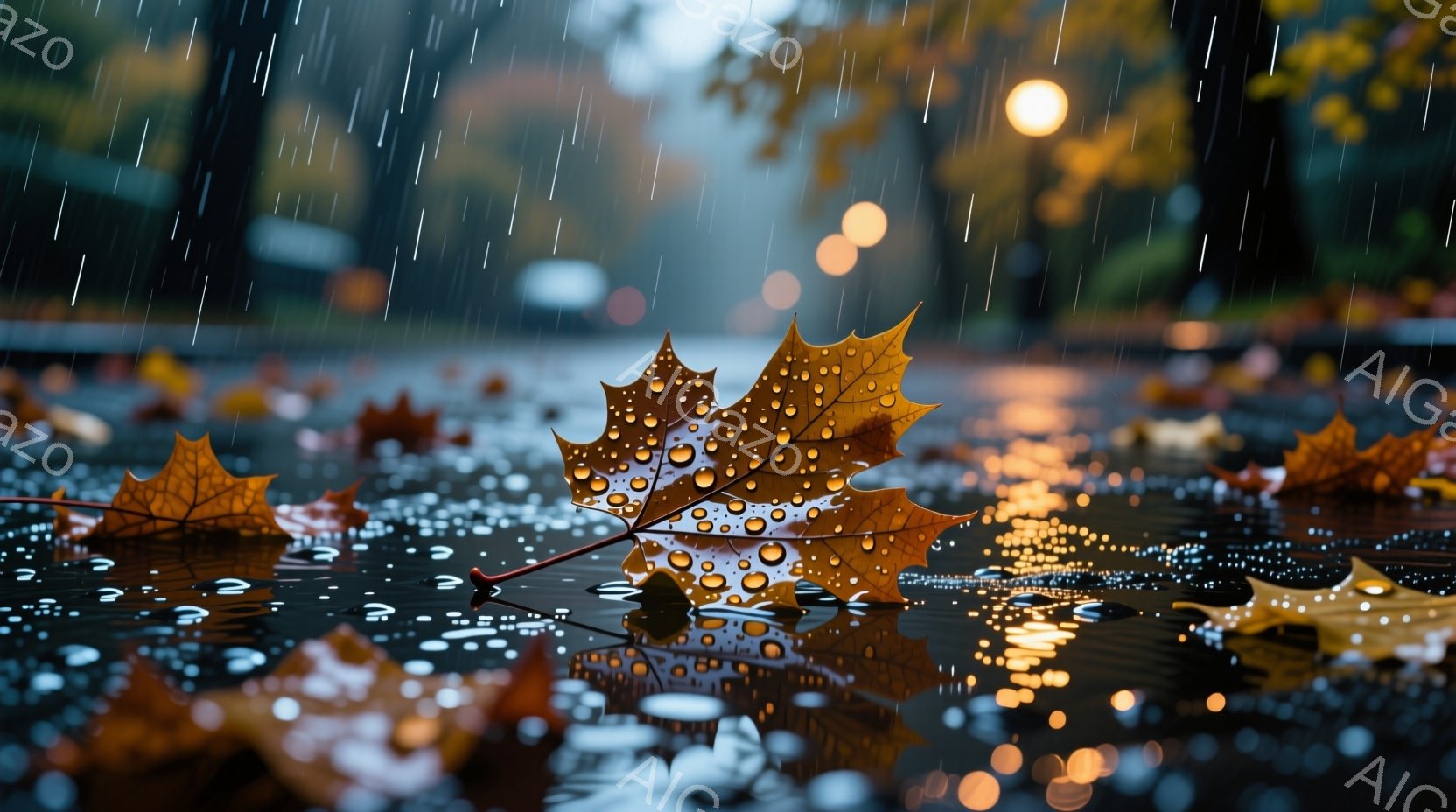 濡れた地面に落ちた紅葉が印象的な写真です。雨粒が葉や水面に反射し、オレンジ色の葉と路面の光がぼんやりと混ざり合い、幻想的な雰囲気を醸し出しています。背景にはぼやけた街灯と建物が見え、全体的にしっとりとした秋の雨の日の情景が描かれています。